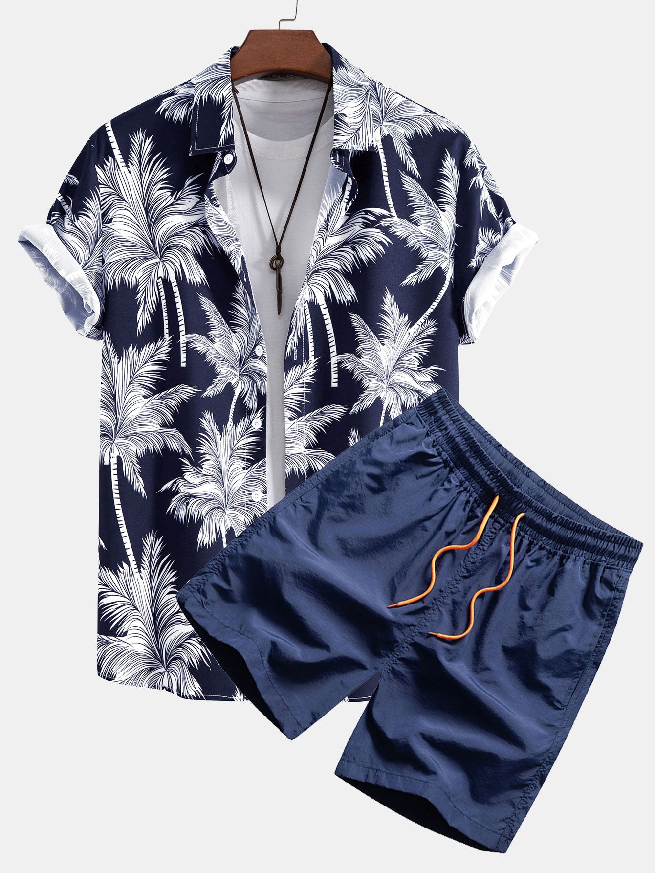 Palm Tree Print Button Up Shirt & Swim Short Set