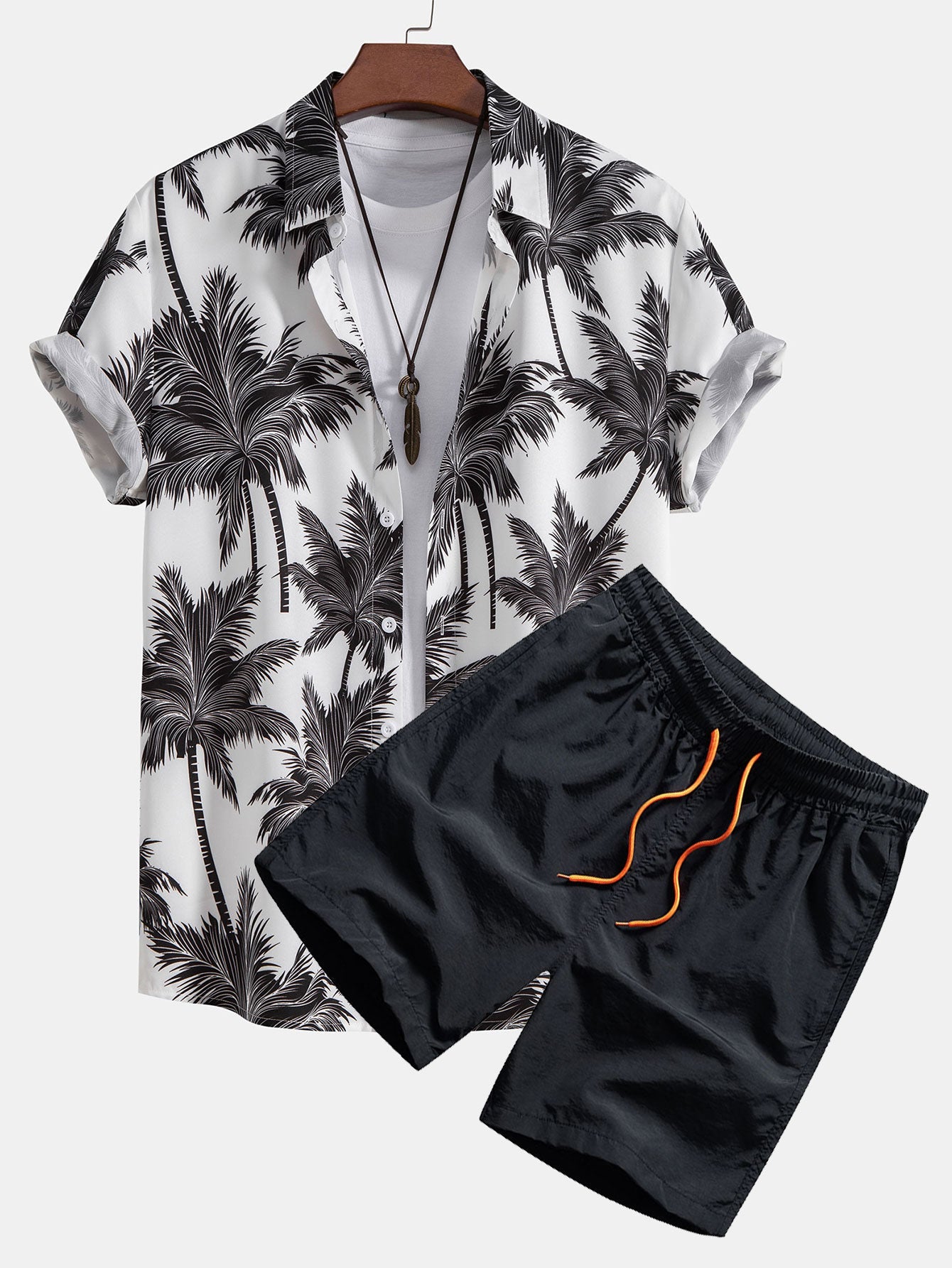 Palm Tree Print Button Up Shirt & Swim Short Set