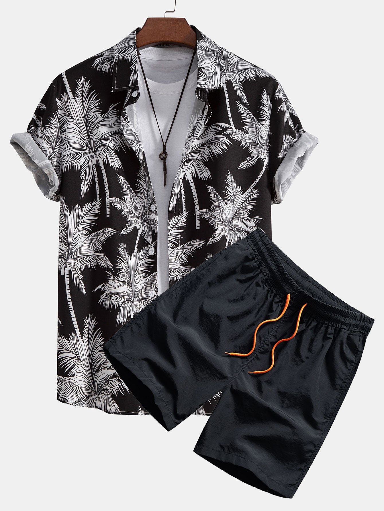 Palm Tree Print Button Up Shirt & Swim Short Set