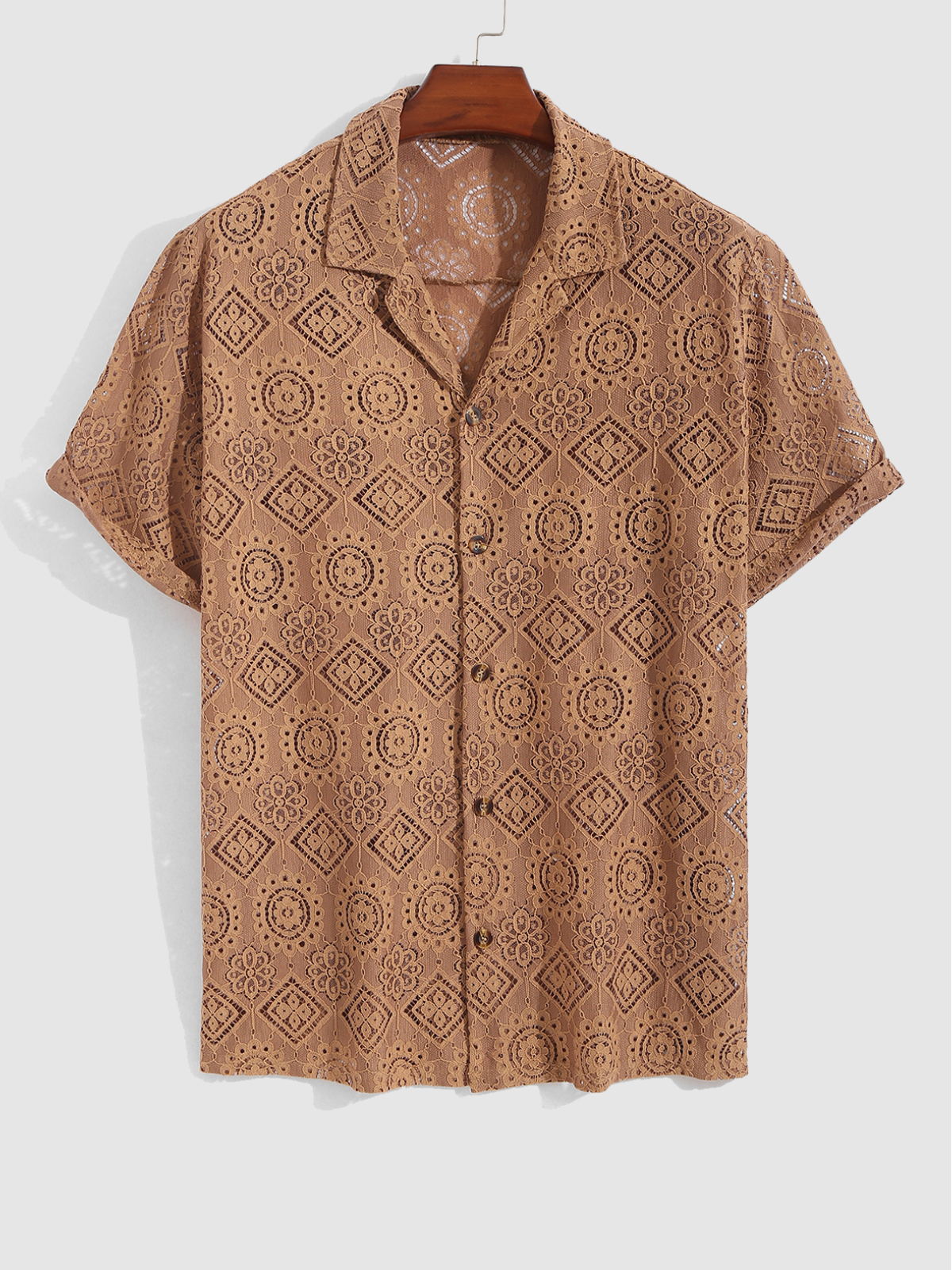 Lace Hollow Cuban Collar Shirt Tan