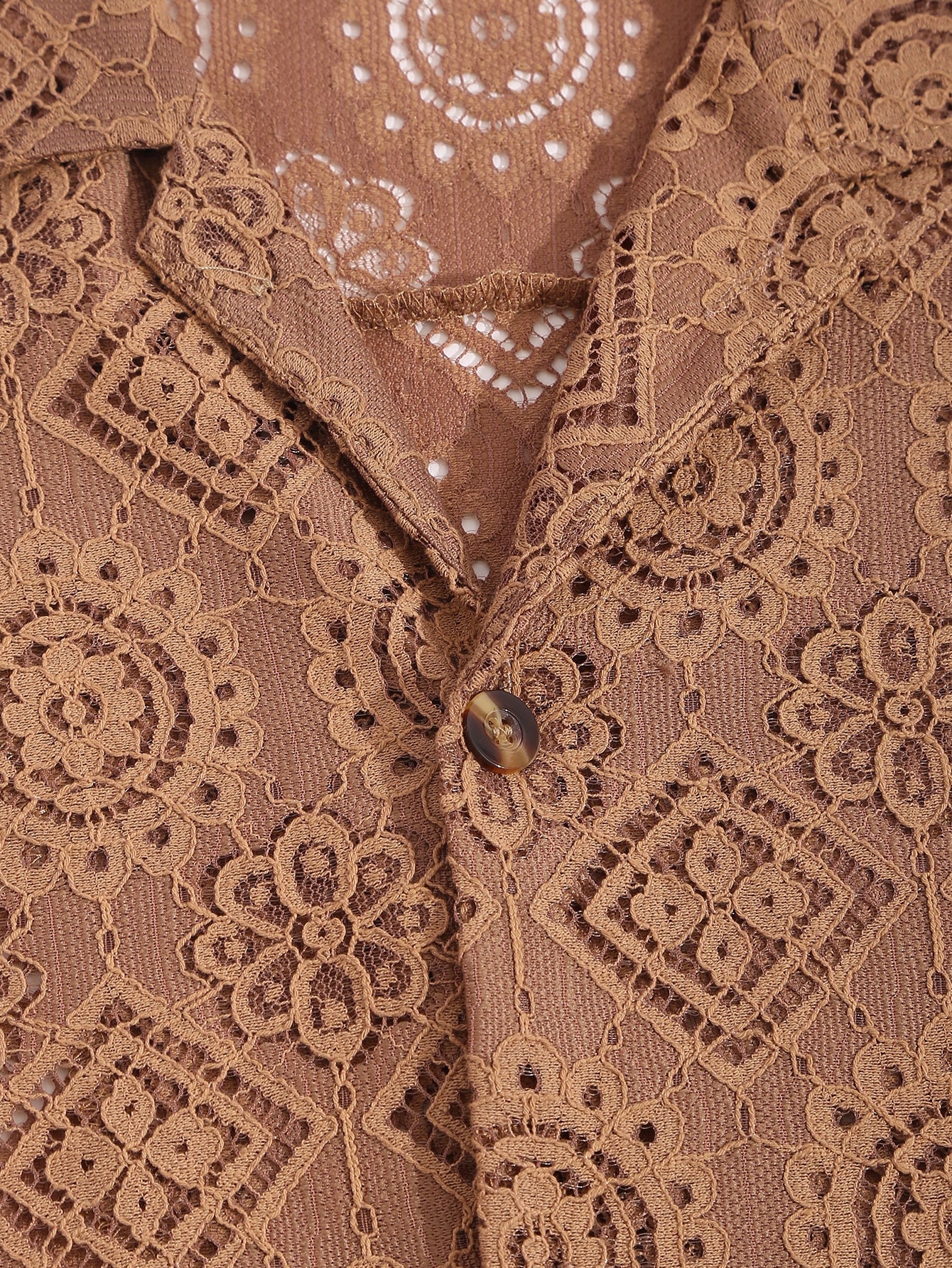 Lace Hollow Cuban Collar Shirt Tan