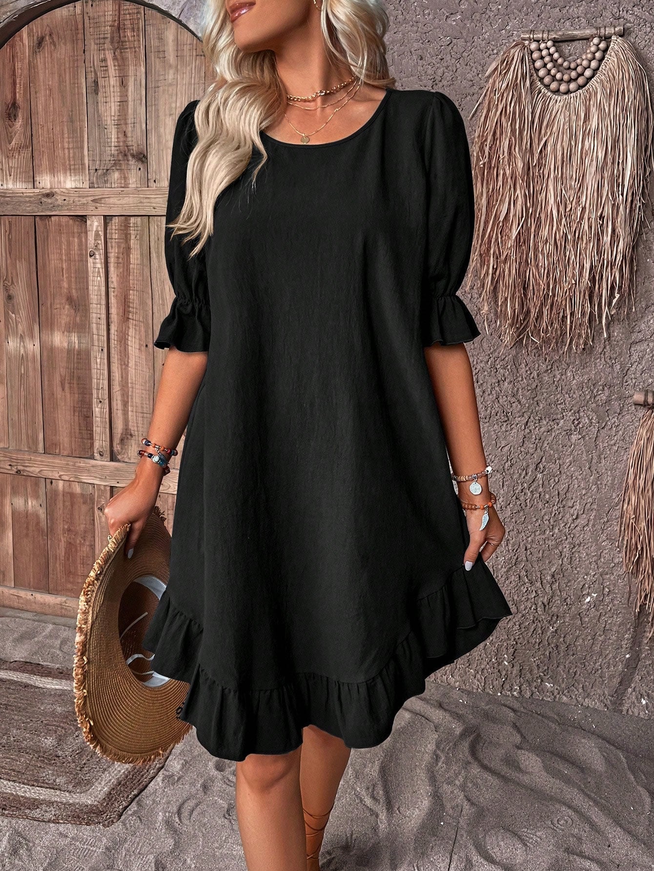 Puffed Sleeves Linen Dress