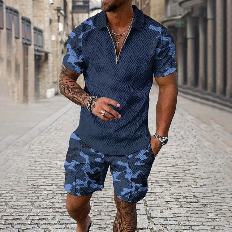 Camouflage Polo Shirt And Shorts Set