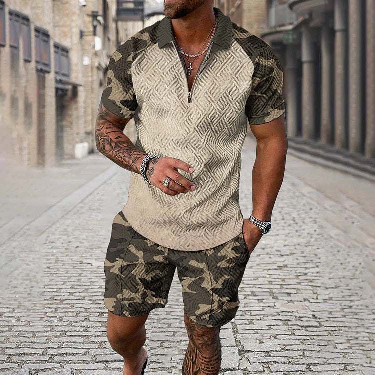 Camouflage Polo Shirt And Shorts Set