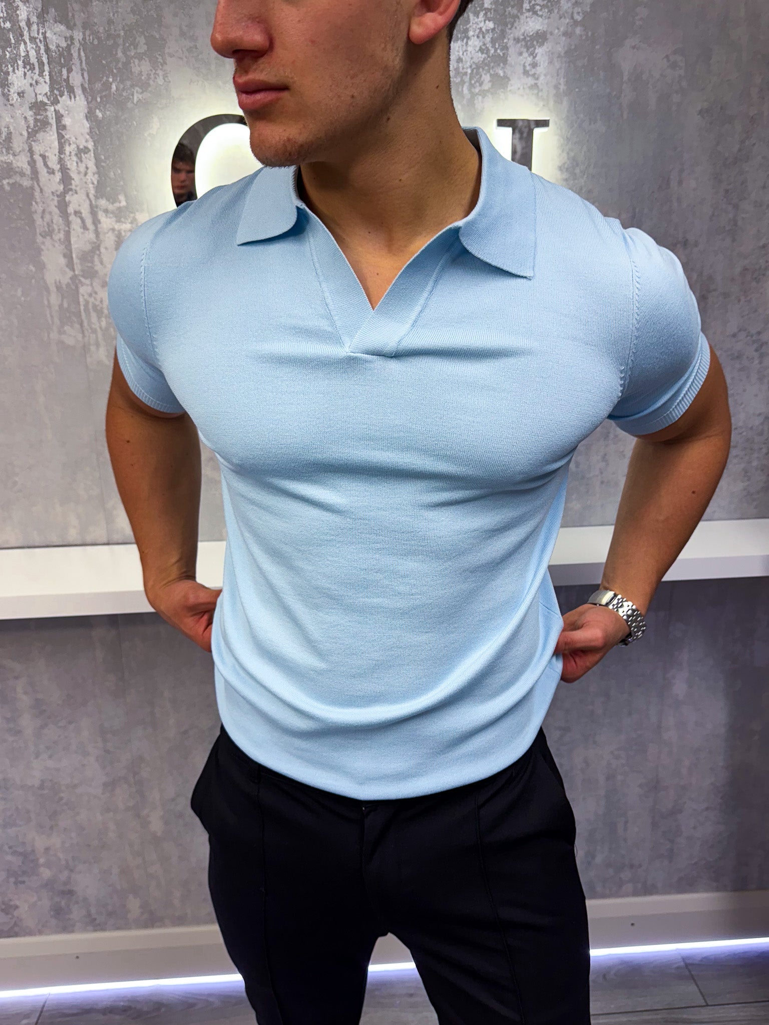 Cuban Collar Polo Shirt Baby Blue