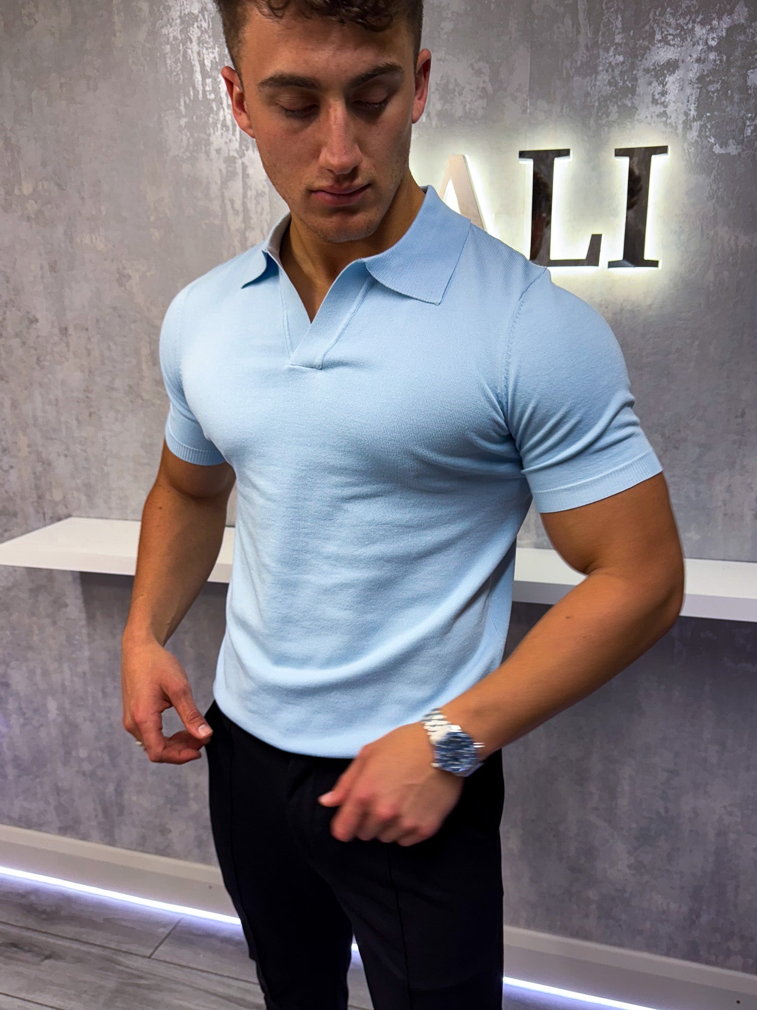 Cuban Collar Polo Shirt Baby Blue