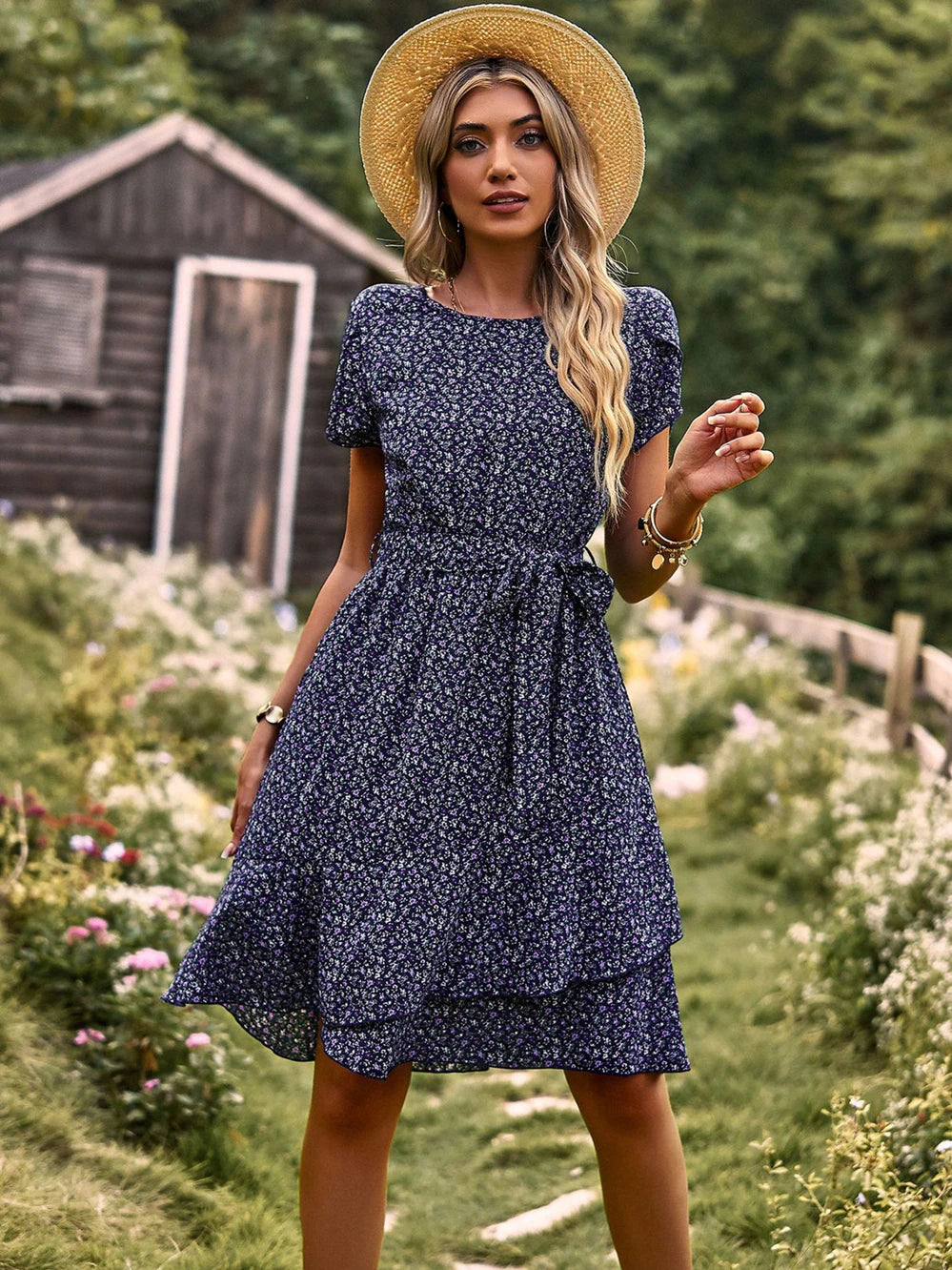 High Waist Pleated Floral Dress