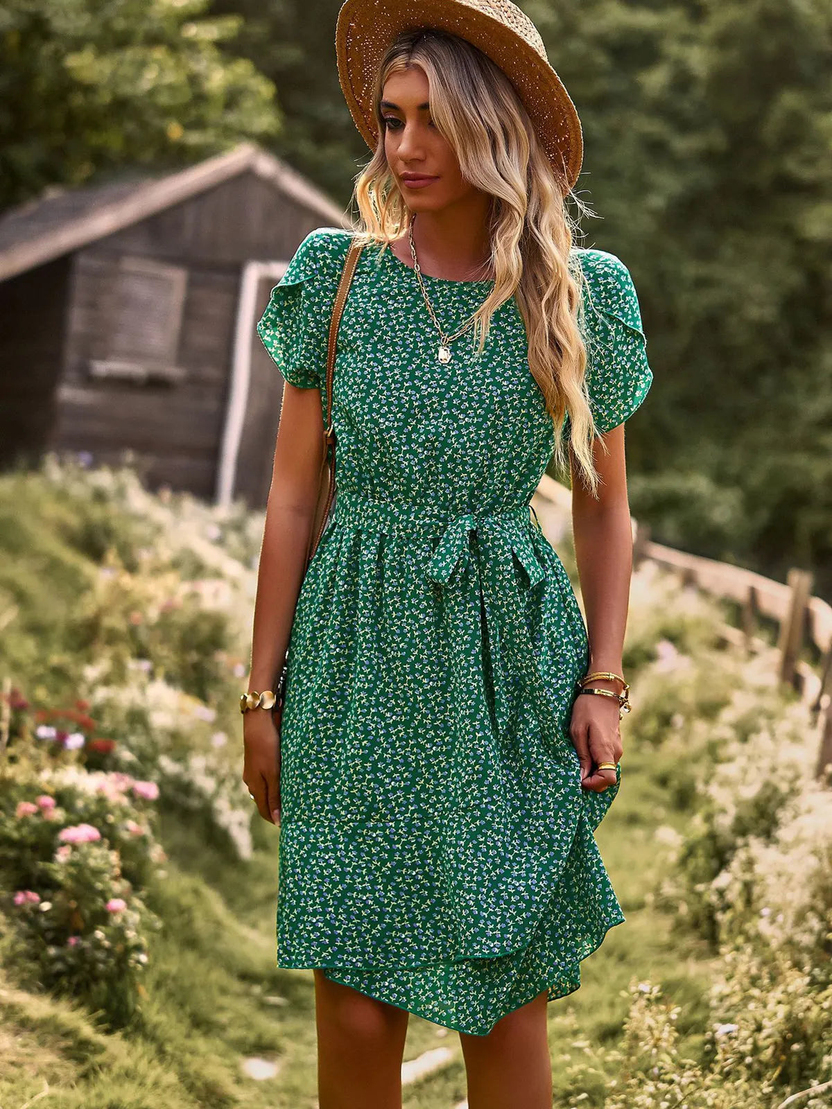 High Waist Pleated Floral Dress